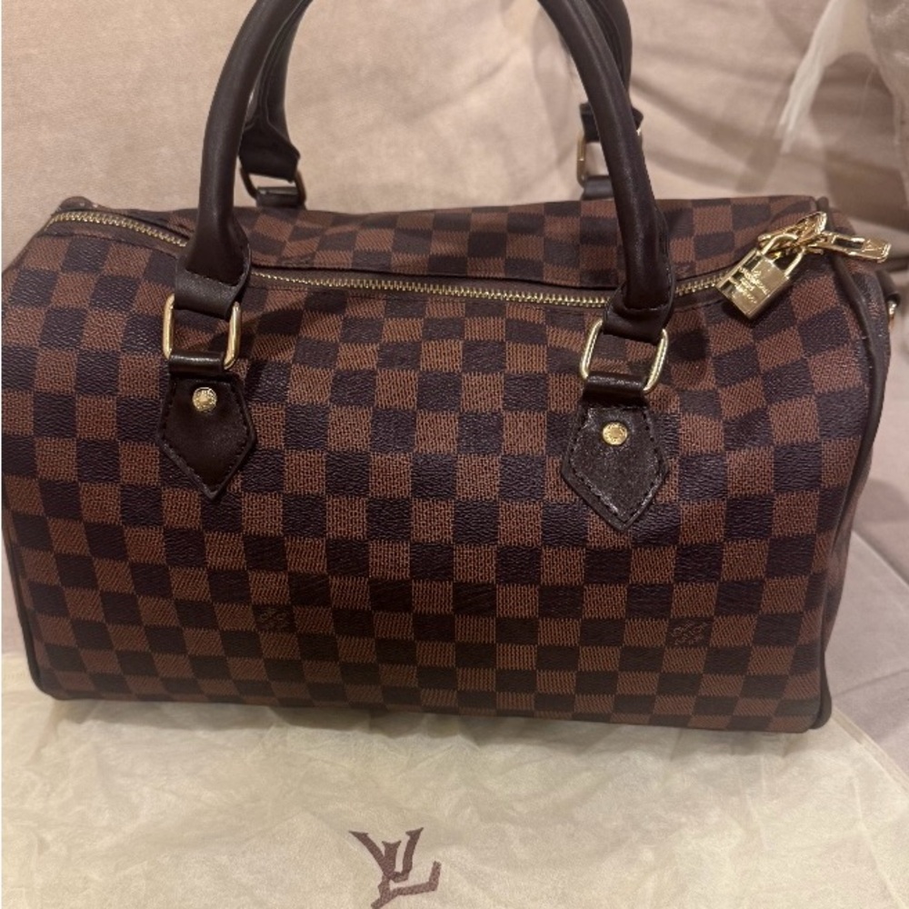 Checkered Satchel with Gold Hardware
